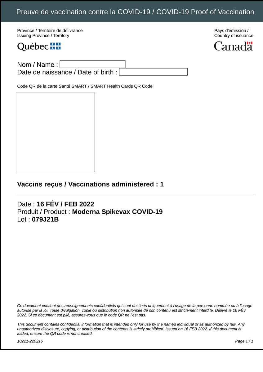 ケベック州のコロナワクチン接種証明書